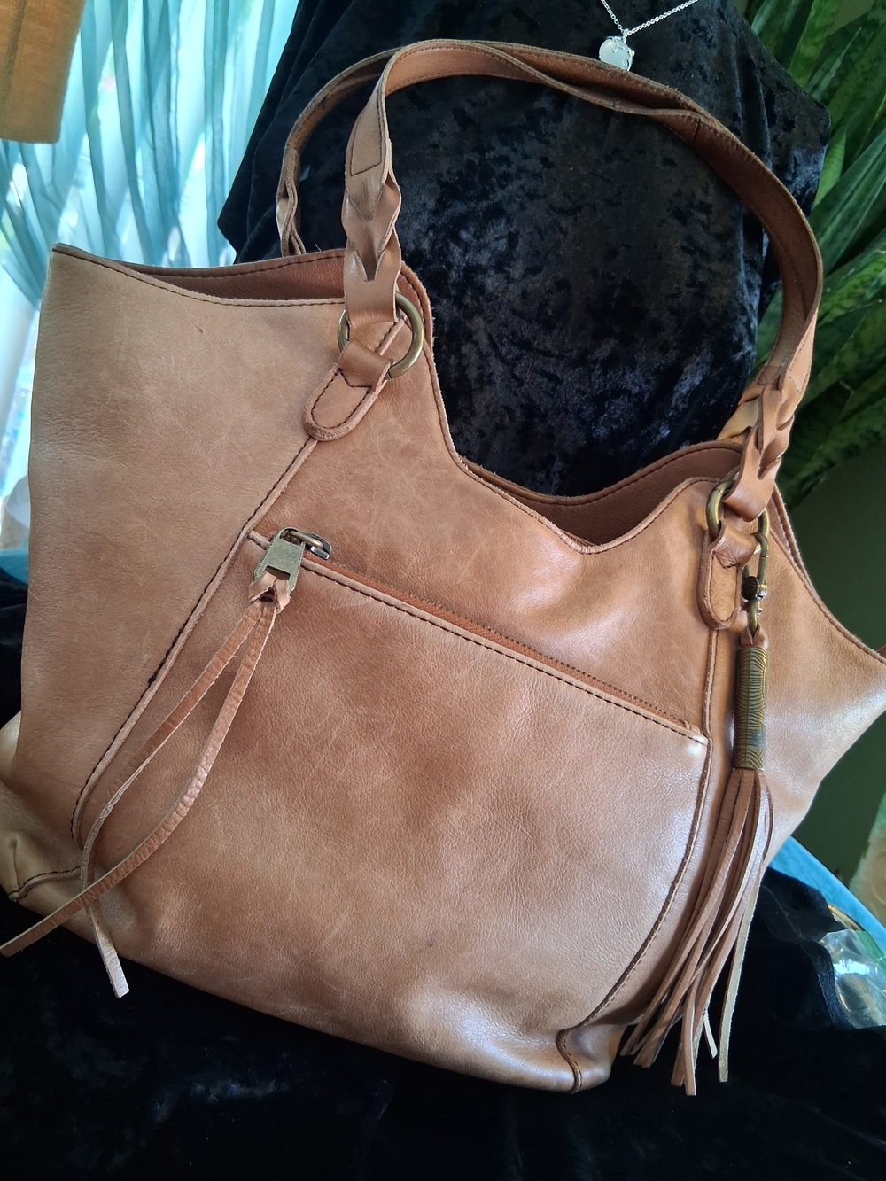 The Sak Tan Genuine Soft Leather Tote with Braided Straps and Tassel